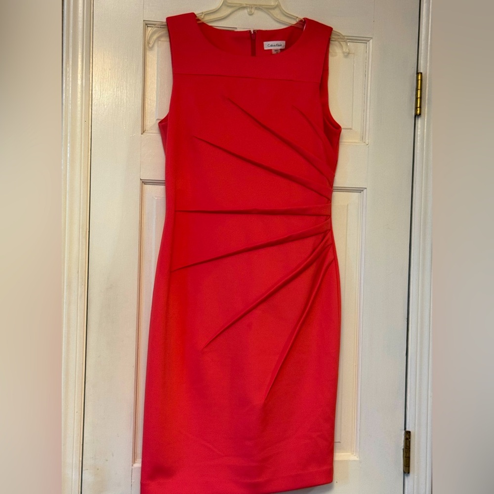 Calvin Klein Sleeveless Pleated Midi Dress in Bright Red/Orange Color